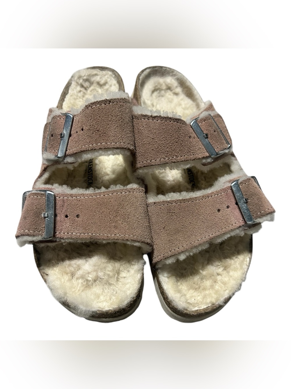 Birkenstock Suede Double Buckle Slides in Blush with Cream Shearling